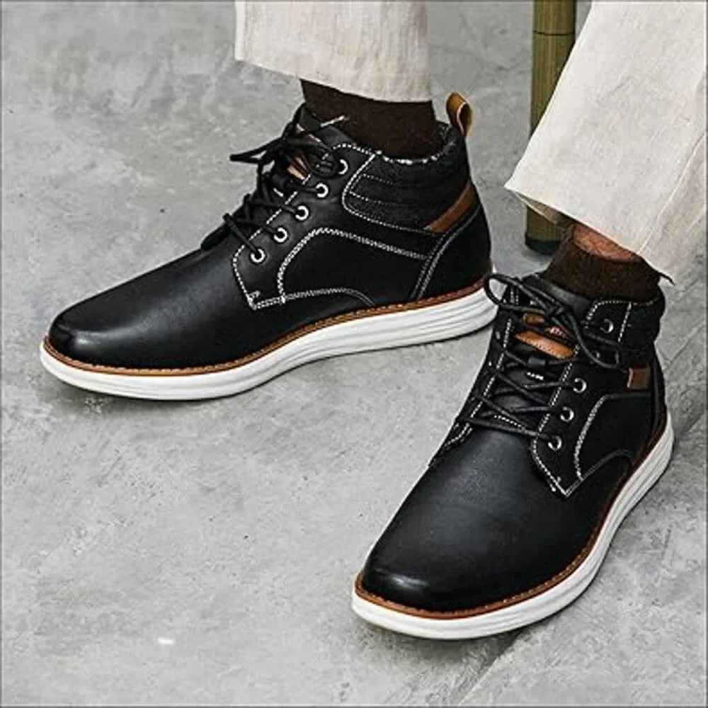 New Bruno Marc Mens 9 Black Faux Leather Mid Top Chukka Sneaker Lace Up Shoes